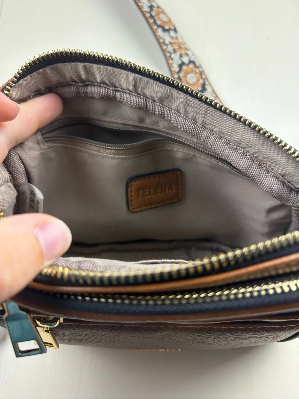 TELENA Two-Tone Brown & Black Crossbody with Patterned Strap